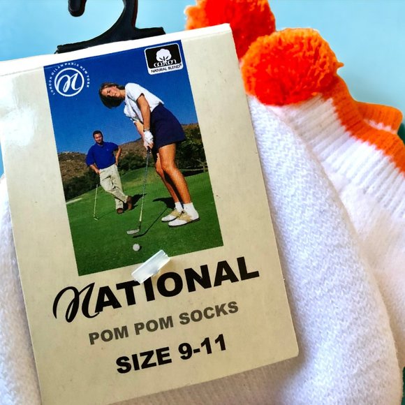 Vintage National Pom Pom Socks Anklets Womens 9 to 11 White & Orange NEW - Picture 6 of 8